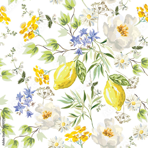 Peony, yellow flowers, lemon fruits green leaves, white background. Vector floral illustration. Seamless pattern. Summer plants. Botanical design