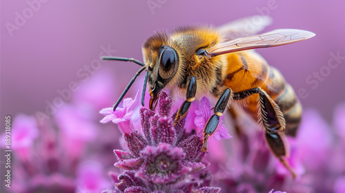  A bee on a flower. A bee close-up. A macro photo of a bee sitting on the flower.