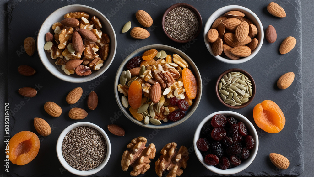 An artistic overhead shot of mixed nuts, seeds, and dried fruits on a dark slate background generated by generative ai An artistic overhead shot of mixed nuts, seeds, and dried fruits on a dark slate background generated by generative ai