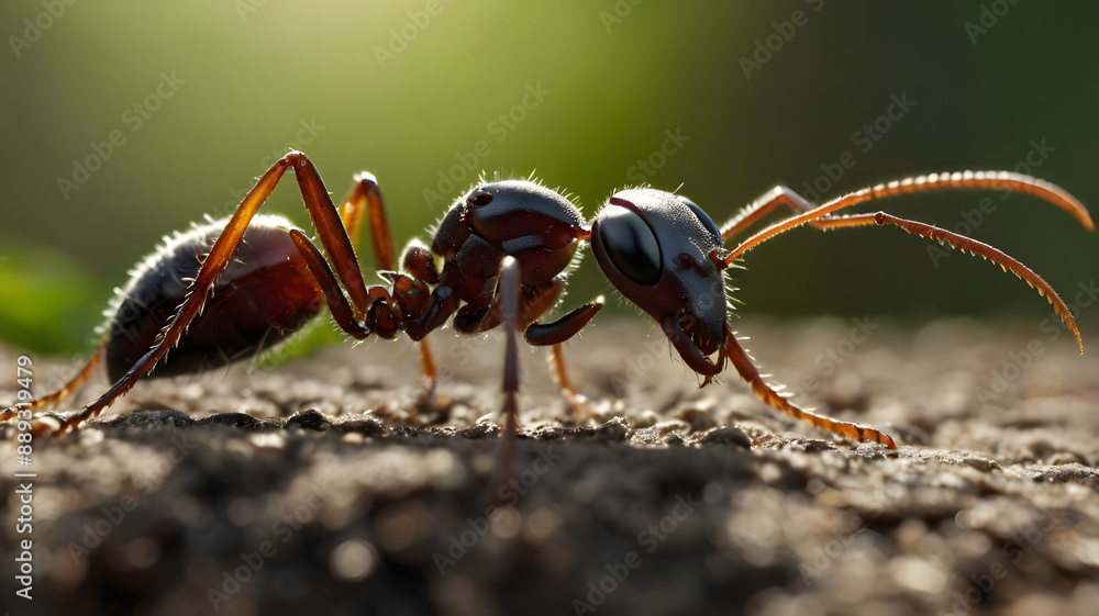 Close-up of black ant, natural habitat, earthy tones, blurred background Close-up of black ant, natural habitat, earthy tones, blurred background