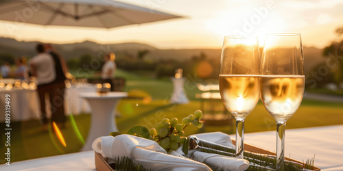 Exclusive Country Club Event with High-Class Executive in Elegant Attire Using Laptop and Networking Against a Backdrop of Lush Golf Course