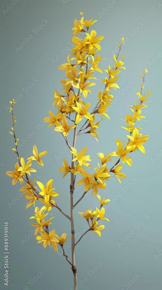 A close-up view of a Forsythia shrub branch with bright yellow blooms A close-up view of a Forsythia shrub branch with bright yellow blooms