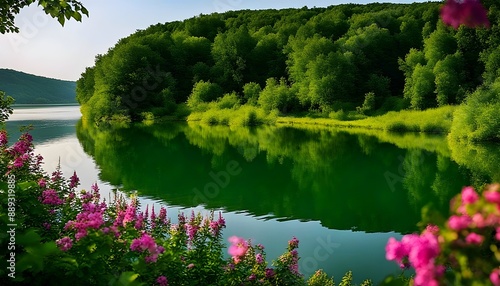 In the summer, on a sunny day, in nature, on the riverbank, near pink flowers.