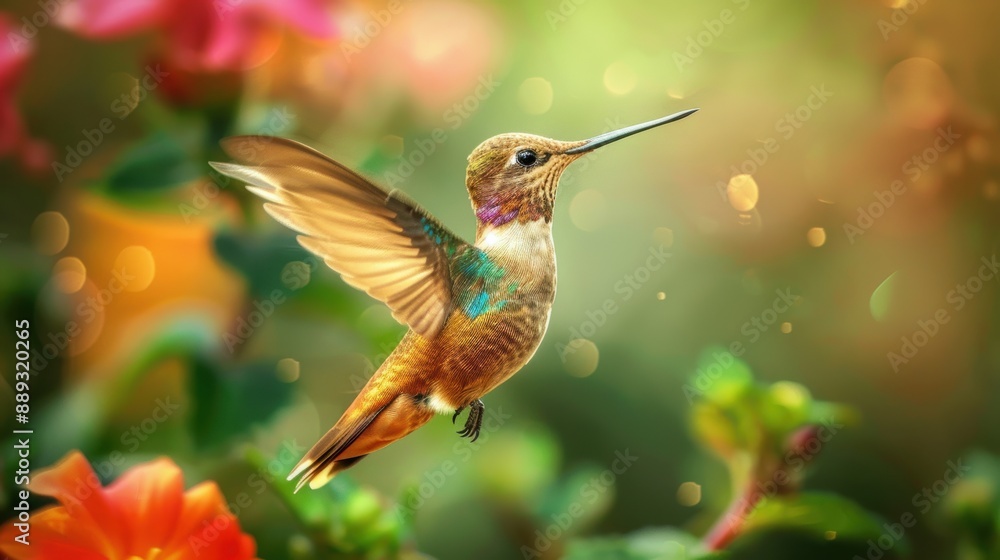 Fototapeta premium a hummingbird feeding on nectar, its shimmering feathers and delicate wings illuminated by the sun. Great for garden decor and educational resources.