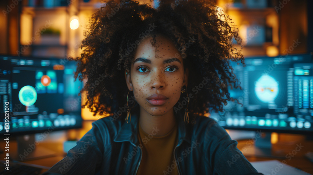 Obraz premium Focused African American Woman Working on Multiple Computer Screens in Modern Tech Environment