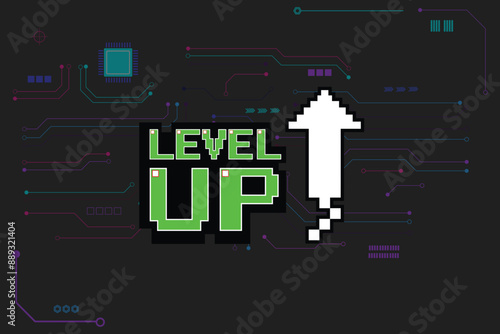 LEVEL UP. pixel art .8 bit game. retro game. for game assets in vector illustrations.
