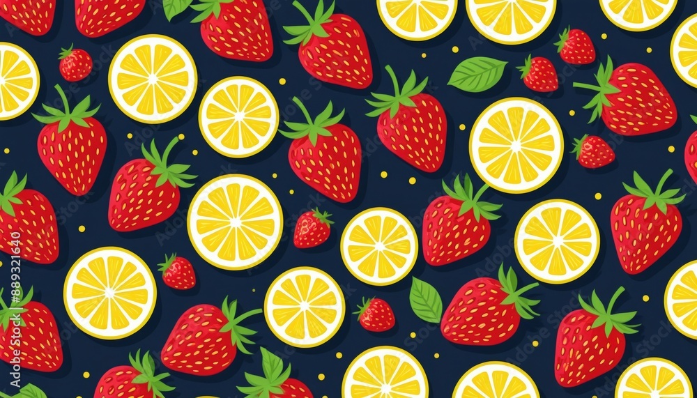 lemons and strawberries. seamless pattern with fruits and vegetables, wallpaper fruit. fresh fruit lemons and strawberries. seamless pattern with fruits and vegetables, wallpaper fruit. fresh fruit