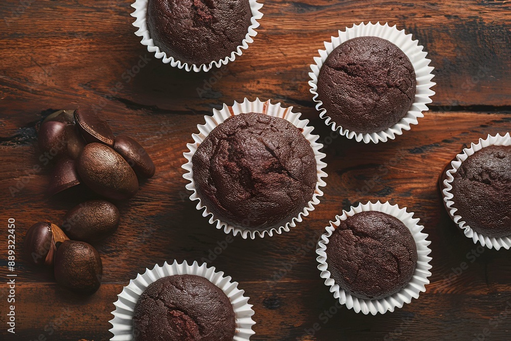Chocolate muffin wood background flat lay Chocolate muffin wood background flat lay