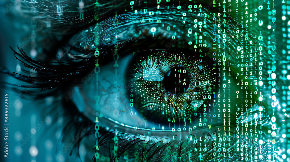 Close-up of female eye with digital binary code. Technology concept Close-up of female eye with digital binary code. Technology concept