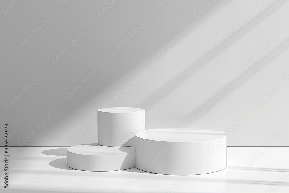 A white 3D podium for product display is set against a white backdrop, perfect for studio presentations, showcasing products, or displaying geometric items A white 3D podium for product display is set against a white backdrop, perfect for studio presentations, showcasing products, or displaying geometric items