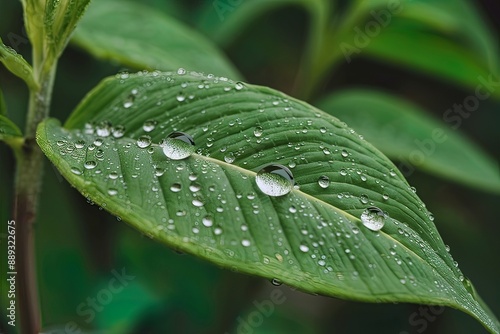 green leaf of a plant with dew drops in detail macro closeup