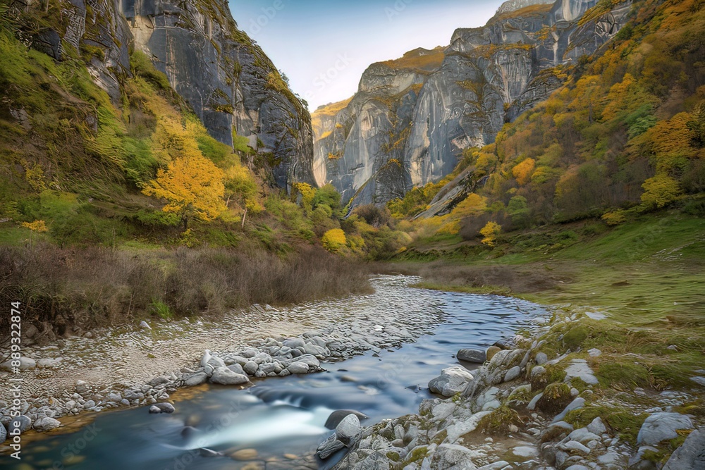 mountain river and stream among high stone cliffs with green plants mountain river and stream among high stone cliffs with green plants