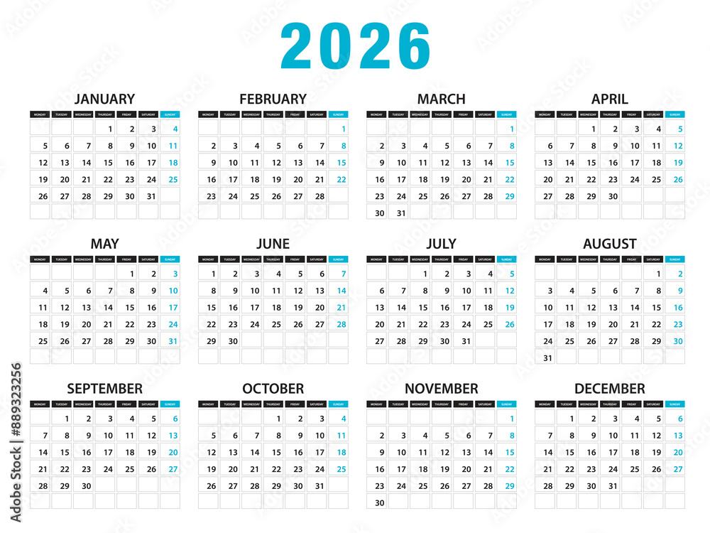 Calendar 2026 year vector illustration, Set of 12 calendar, week starts