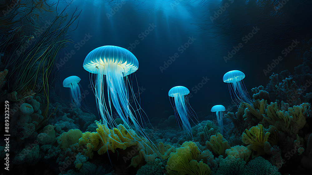 Ocean lightshow! Glowing jellyfish dance in a deep-sea forest (ideal for screen savers & showcasing the serenity of the underwater world) Ocean lightshow! Glowing jellyfish dance in a deep-sea forest (ideal for screen savers & showcasing the serenity of the underwater world)
