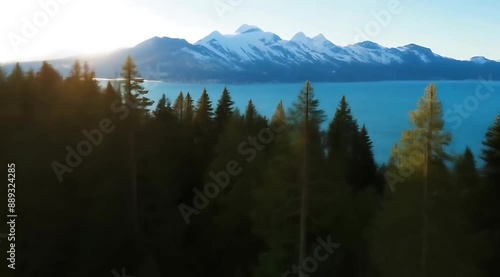Aerial Journey from Forest to Snow-Capped Mountains with a Coastal View