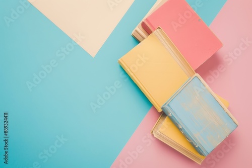 books, notebooks stationery soft, pink, coral, blue and peach pastel colors and clean, minimalist composition with copy space, language learning, back to school and education concept. leisure reading. photo