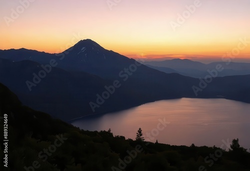 Sunset over a serene lake with a majestic mountain range in the background photo