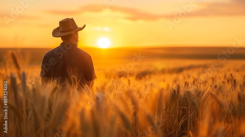 A farmer in a cowboy hat stands in a golden wheat field during a beautiful sunset. © Nijat