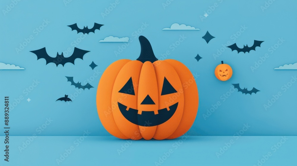 Halloween Pumpkin and Bats on Blue Background. Halloween Pumpkin and Bats on Blue Background.
