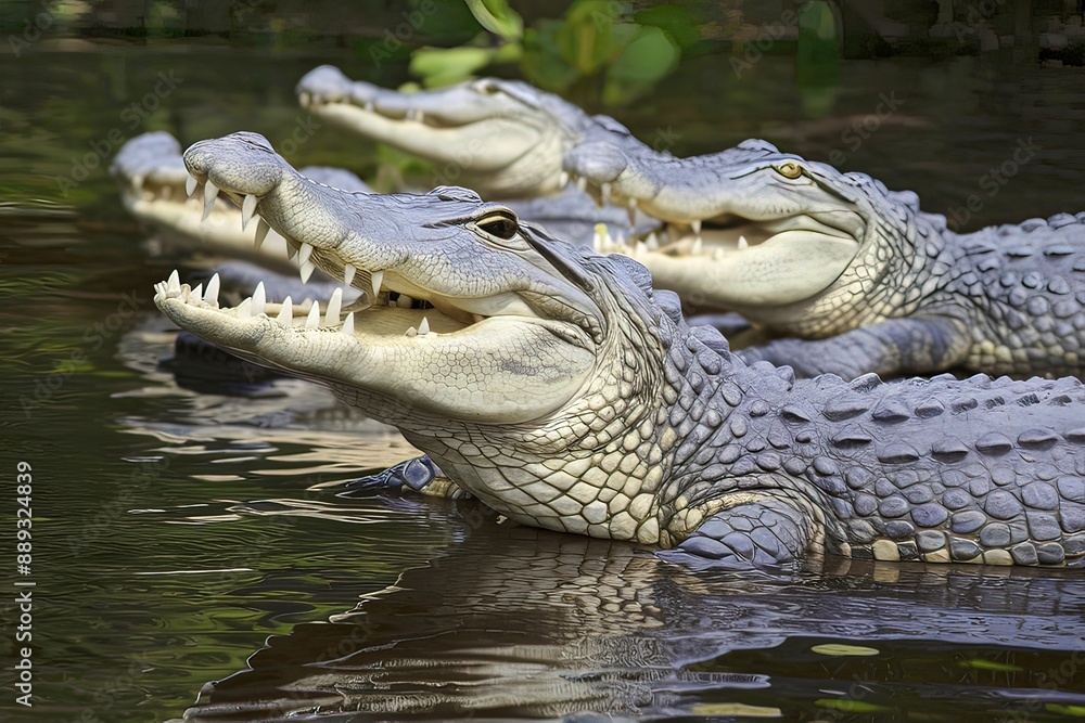 Fototapeta premium several alligator crocodiles dangerous carnivorous reptiles close up