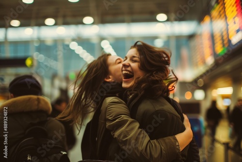 At a busy airport with information boards and travelers in the background, two women hug each other joyfully, sharing a warm and emotional moment filled with happiness. photo