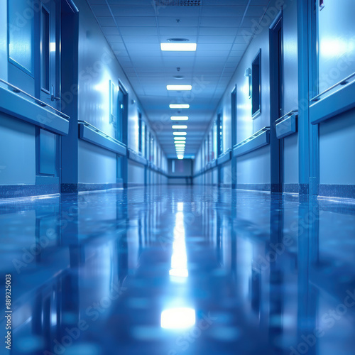 the hallway of a hospital. The walls are painted in a light blue color, and the floor is made of a shiny material. The ceiling is lit up with bright lights. 