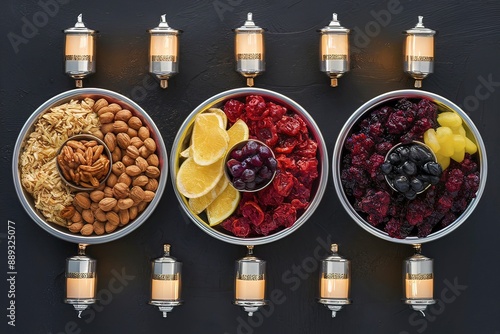 Trays with nuts and dried fruits and latterns with candles photo