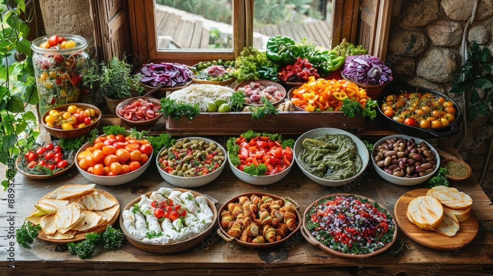 A vibrant Mediterranean mezze spread, various dishes, rustic table A vibrant Mediterranean mezze spread, various dishes, rustic table