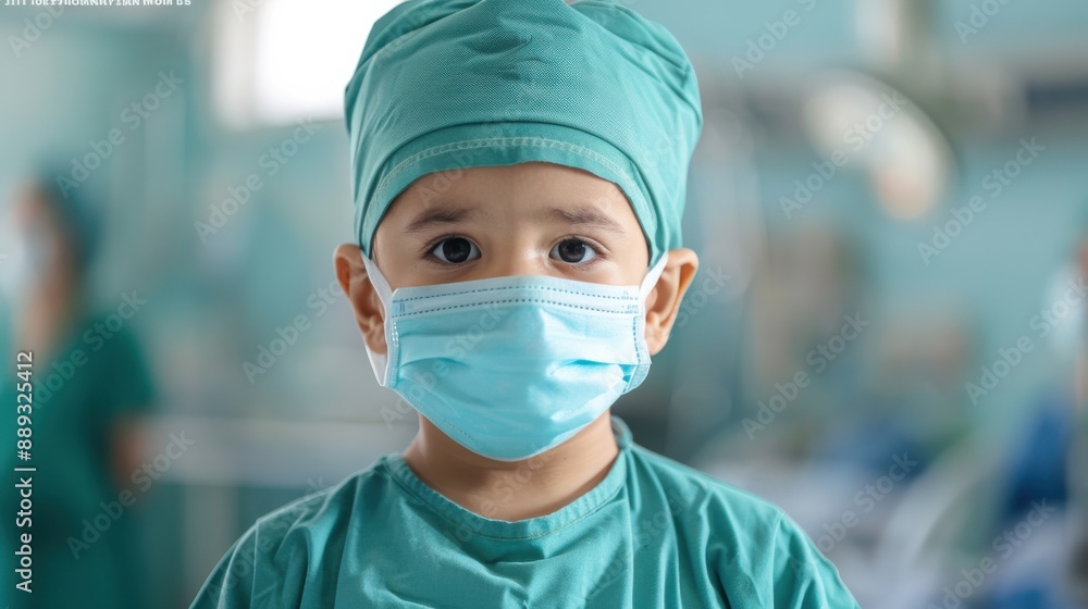 Child Wearing Surgical Scrubs and Mask in Medical Setting. Child Wearing Surgical Scrubs and Mask in Medical Setting.