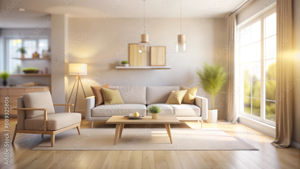 Bright living room with a sofa and an armchair, a large window, blurred background Bright living room with a sofa and an armchair, a large window, blurred background