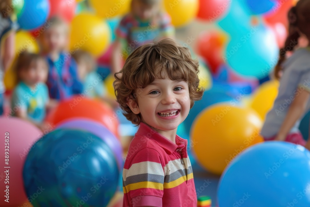 Obraz premium A child beams with happiness while playing with colorful balls in a bustling play area, capturing the spirited and entertaining nature of childhood playtime.