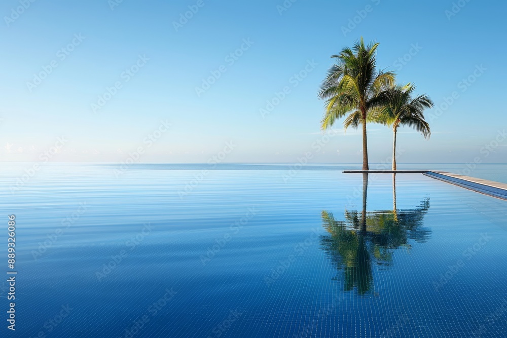 Fototapeta premium Infinity pool with palm tree reflection vibrant and serene artistic scene inviting setting tropical vibes modern and stylish peaceful atmosphere