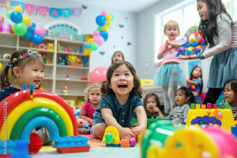 Fototapeta premium A group of happy children are playing with various toys in a lively play area filled with colorful decorations, fostering a joyful and engaging atmosphere of fun and learning.