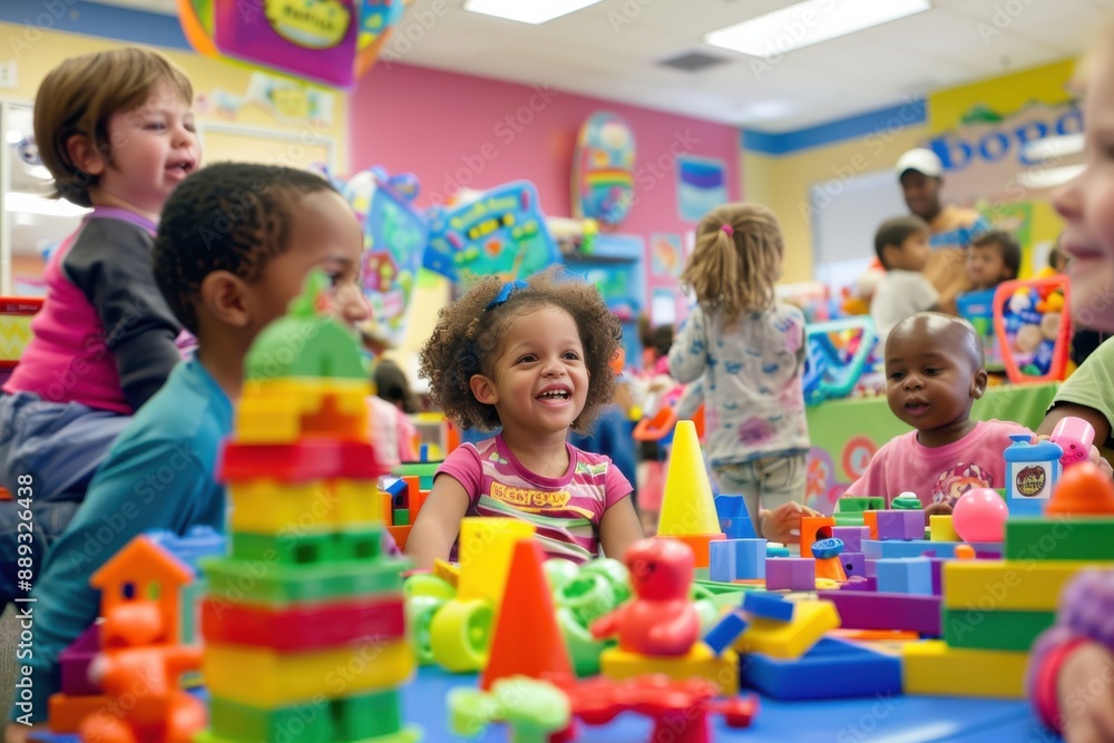 Joyful children are exploring and interacting with various colorful toys in a lively and engaging daycare center, fostering creativity, friendship, and playful learning. Joyful children are exploring and interacting with various colorful toys in a lively and engaging daycare center, fostering creativity, friendship, and playful learning.