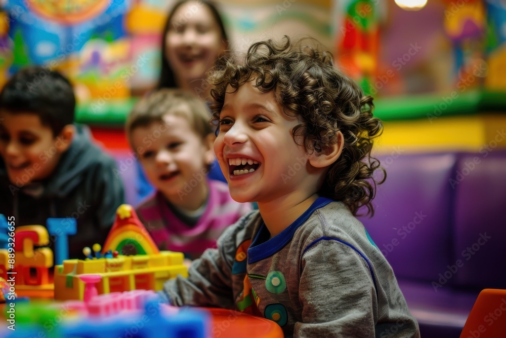 A group of happy children are playing together with colorful blocks and toys in a bright and vibrant daycare center, engaging in fun and creative activities in a cheerful environment. A group of happy children are playing together with colorful blocks and toys in a bright and vibrant daycare center, engaging in fun and creative activities in a cheerful environment.