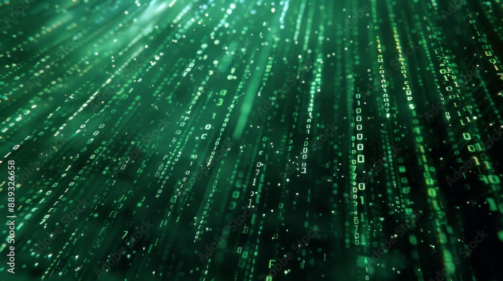 Digital rain of binary code in green hues, flowing down from an unseen source. Digital rain of binary code in green hues, flowing down from an unseen source.