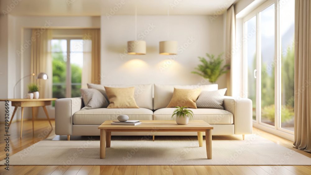Bright living room with a large window, flooded with sunlight, blurred background Bright living room with a large window, flooded with sunlight, blurred background