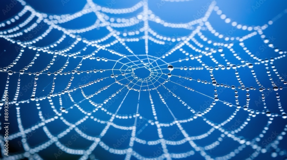 Fototapeta premium A spider web glistens with dew in the bluish outdoor light, embodying tranquility and natures beauty