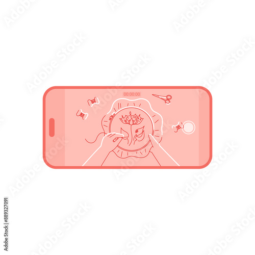 Smartphone with recording of embroidery process on screen, vector illustration