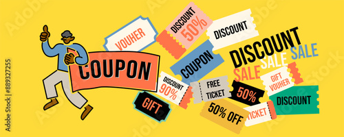 colored vector set of discount or gift voucher ticket coupon templates. collection of icons in shape style, vintage color