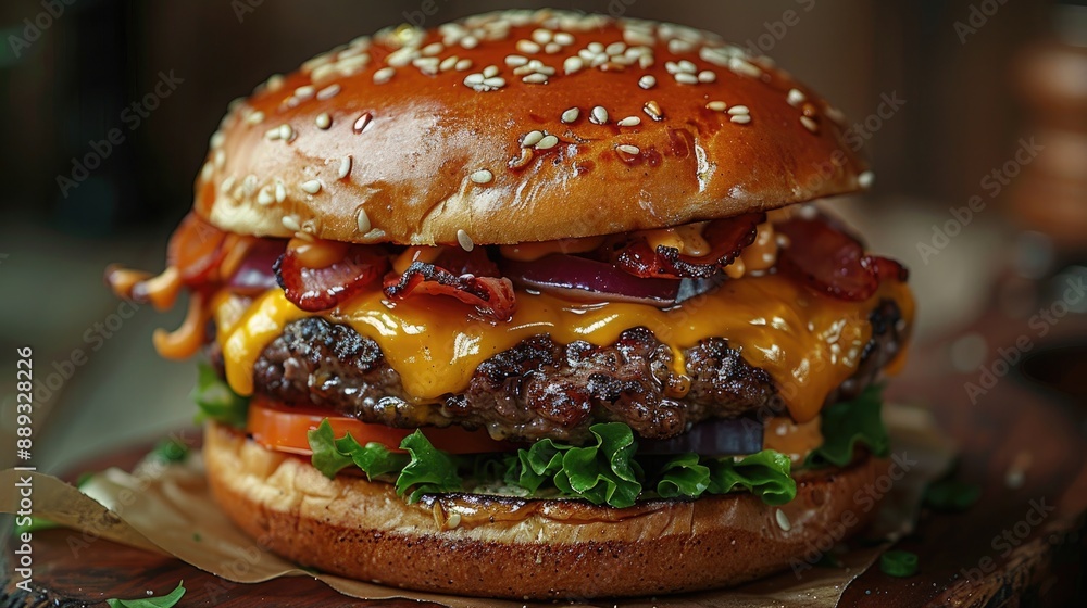 A Gourmet Burger with Visible Layers and Melting Cheese A Gourmet Burger with Visible Layers and Melting Cheese