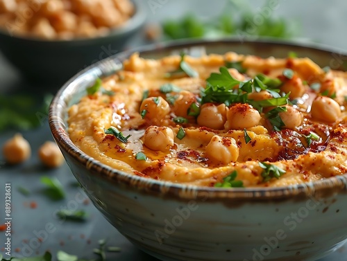 Closeup of Hummus in a Bowl with Chickpeas, Parsley, and Paprika - Food Photography