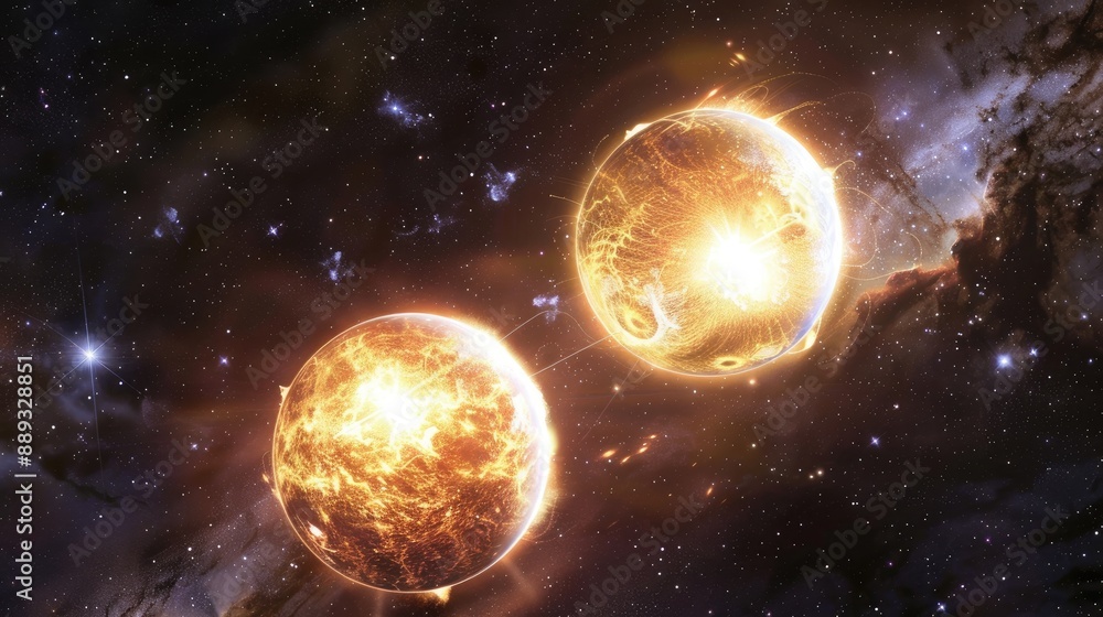 An artist's rendering of a binary star system, with two stars orbiting each other. An artist's rendering of a binary star system, with two stars orbiting each other.