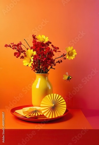 Vibrant Flower Arrangement with Yellow and Red Flowers on Orange Table