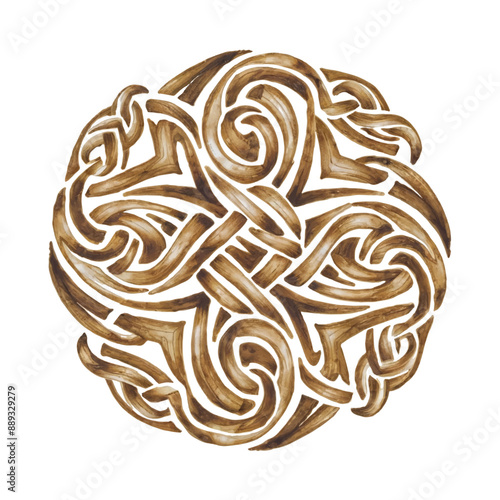 Intricate Celtic knot design in brown watercolor print