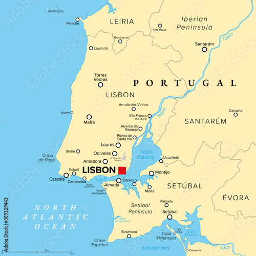 Lisbon Region, political map of the urban area and capital city of Portugal, a country on the Iberian Peninsula in Europe. Lisbon district with Tagus River Estuary, bordered by North Atlantic Ocean.