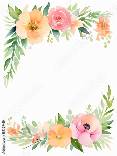 A blank wedding invitation adorned with a watercolor floral frame