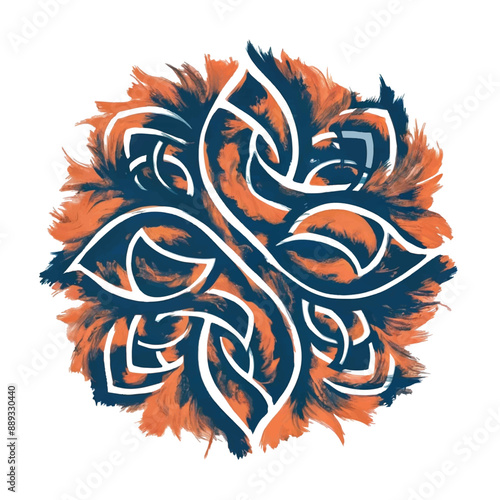 A stylized mandala painted in blue and orange with white outline print