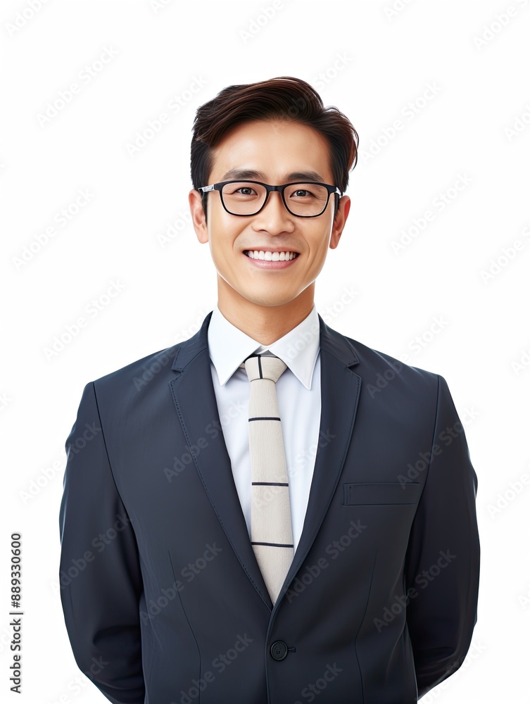 Asian man, company worker in glasses, smiling, standing over white background Asian man, company worker in glasses, smiling, standing over white background