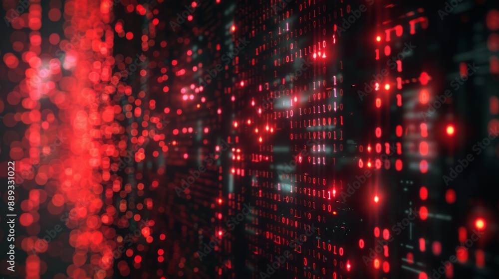 A dark wall with binary code glowing red, creating a futuristic and abstract digital background. A dark wall with binary code glowing red, creating a futuristic and abstract digital background.